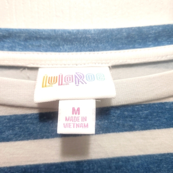 NWOT LuLaRoe LeeAnn Ruffle Sleeve Top Blue White Stripes Size M Nautical Summer - Picture 2 of 5